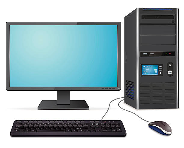 Realistic computer case with monitor,keyboard and mouse on white background, vector EPS 10.